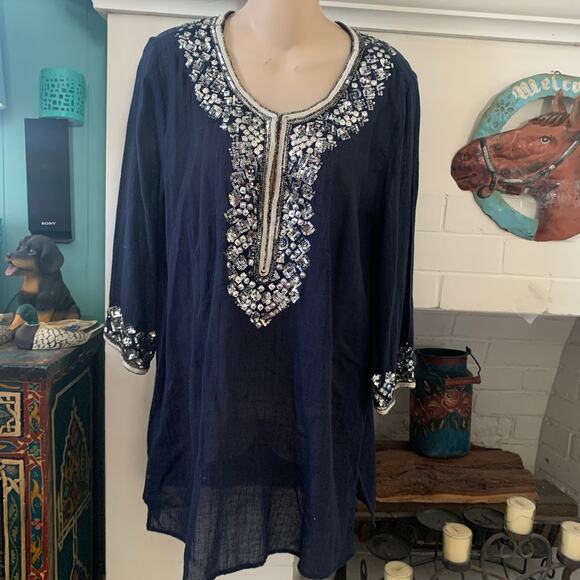 CALYPSO ST. BARTH SEQUINED BEADED TUNIC TOP BEACH - Picture 1 of 10